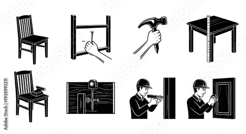 Woodworking  Carpentry: Furniture, Tools,  Craftsman - Black  White Engraving Icons