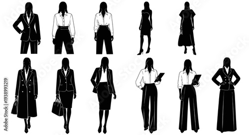 Black and White Businesswomen Silhouettes: Professional Fashion Collection