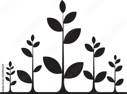 Black silhouette of various plants with leaves