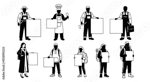 Diverse People Occupations Holding Blank Signs Black and White Glyph Vector Art