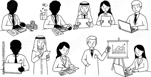 Black and White Line Art of Diverse Business Professionals working with Financial Data