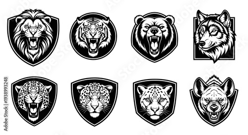 Black  White Line Art Sports Mascots: Roaring Wild Animal Head Emblems Vector Set