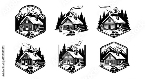 Retro Camping Cabin Lodge Mountain House Black and White Line Art Logo Set