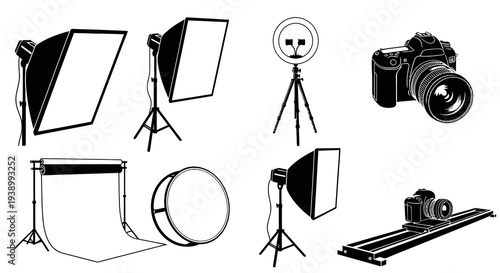 Photography Studio Camera Lighting Equipment Black and White Line Art Icons Set