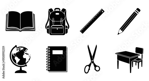 Education School Supplies and Learning Tools Solid Glyph Icons Vector Set