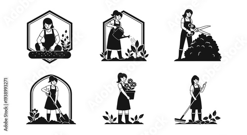 Horticulture Industry Black  White Glyph Illustrations: Women Gardeners and Tools Set