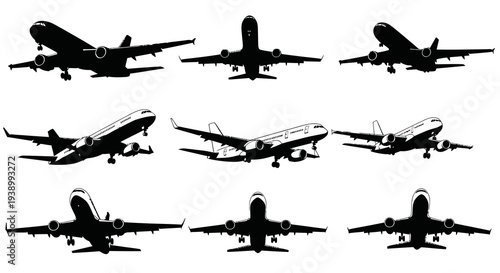 Aviation Aircraft Black  White Vector Silhouette Set - Passenger Airplanes