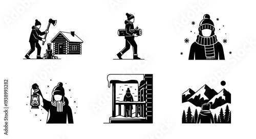 Black  White Glyph Winter Outdoor Lifestyle People and Activities Icon Set