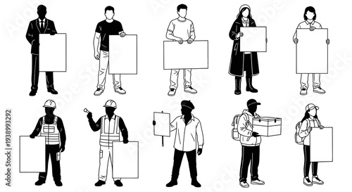 Diverse Professionals  People Holding Blank Signs - Black  White Line Art