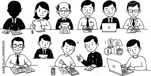 Black and White Line Art Business Meeting with People, Documents, and Laptops