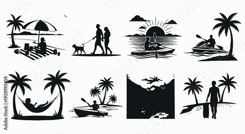 Black and White Vector Silhouettes of Summer Beach Vacation Activities and Tropical Holidays