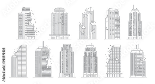 Urban Disaster  Construction Line Art: Damaged Buildings and Skyscraper Icons Set