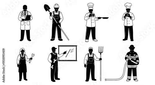 Black  White Glyph Icons: Diverse Professions, Occupations, and Career Roles Set