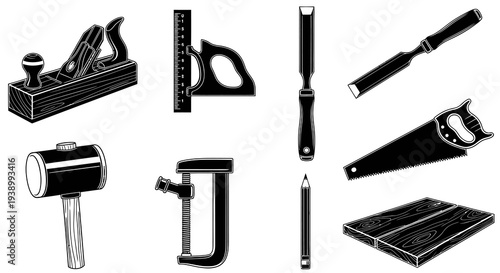 Woodworking Carpentry Hand Tools Silhouette Icons Set