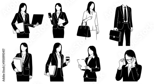 Monochrome Business Professionals Vector Illustration Set: Corporate Women and Man Silhouettes