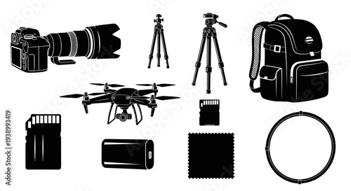Photography Equipment Black  White Glyph Icons Set - Camera, Drone, Tripod, Backpack