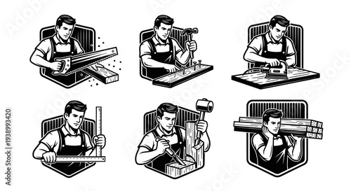Black  White Vintage Carpenter Woodworking Emblems Set - Handyman with Tools