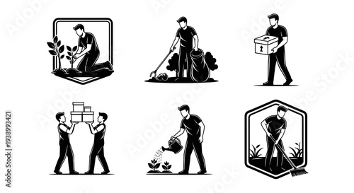 Monochromatic Manual Labor  Service Glyph Vector Illustration Set with Workers, Tools, Plants