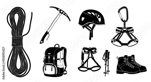 Black  White Outdoor Sports Mountaineering Climbing Equipment Glyph Icons Set