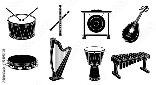 Music Industry Traditional Musical Instruments Black and White Silhouette Icon Set