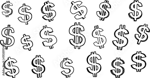 Black and White Line Art of Dollar Signs, Financial Icons for Business and Finance