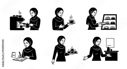 Woman Barista and Waitress in Hijab Working at Coffee Shop - Monochrome Icon Set
