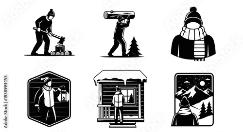 Winter Outdoor People  Logging Tools Black  White Vector Illustrations Set