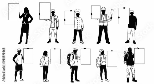 Diverse People  Professions Holding Blank Signs - Black  White Silhouette Line Art