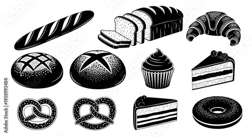 Black and White Line Art Bakery Food Icons - Assortment of Bread, Pastries  Desserts