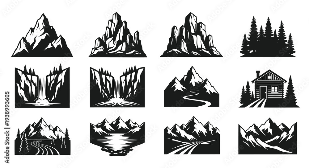 Fototapeta premium Outdoor Adventure Mountain Landscapes Monochrome Vector Emblems Set