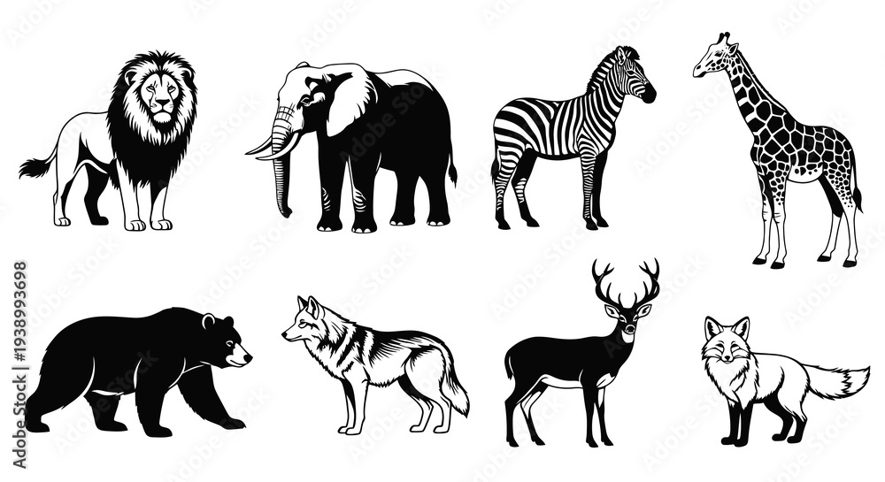 Naklejka premium Black White Stylized Wild Mammals Vector Art Icons Set for Nature Wildlife