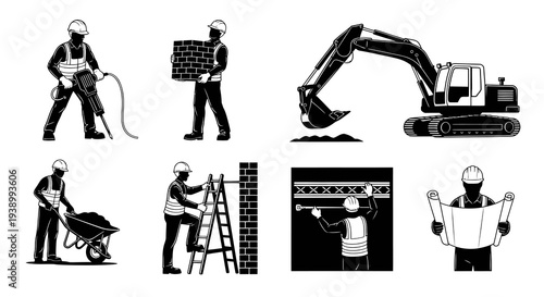 Construction Industry Black  White Glyph Icons Set: Workers, Tools, Equipment