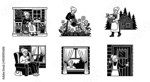 Black  White Line Art: Grandma's Rural Lifestyle, Hobbies  Home Activities Collection