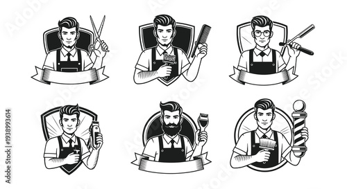 Vintage Black  White Line Art Barbershop Logos with Barbers and Hairdressing Tools