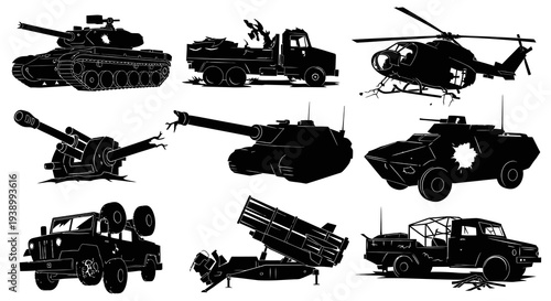 Military Combat Vehicles Black  White Line Art Silhouettes Collection