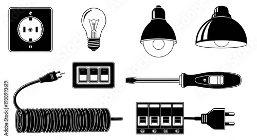 Electrical Equipment and Tools Black  White Line Art Icons Set