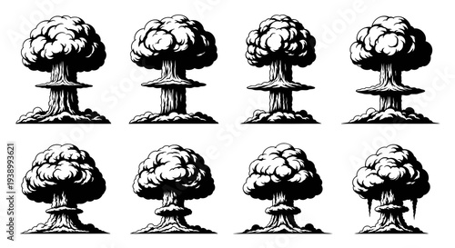 Atomic Explosion Mushroom Cloud Black and White Line Art Illustration Set