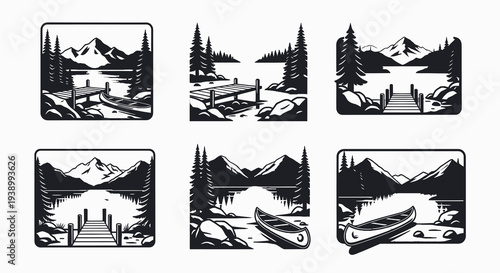 Black and White Line Art Outdoor Recreation Landscape: Lake, Mountains, Forest, Dock, Canoe