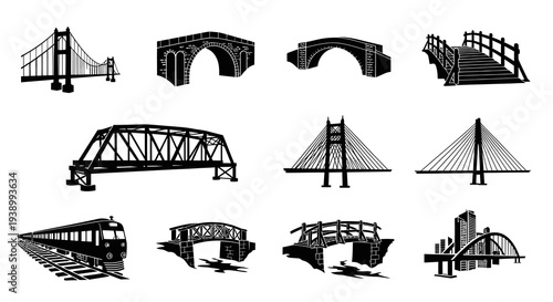 Transportation  Architecture: Diverse Bridge and Train Silhouette Vector Icons