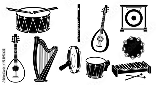 Musical Instruments Black and White Glyphs Collection - Music Industry Icons