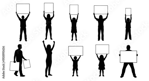 Communication Silhouettes: Diverse People Holding Blank Signs, Posters  Placards
