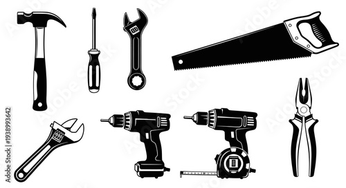 Handyman Tools Icon Set - Construction, Repair  DIY Black and White Glyphs