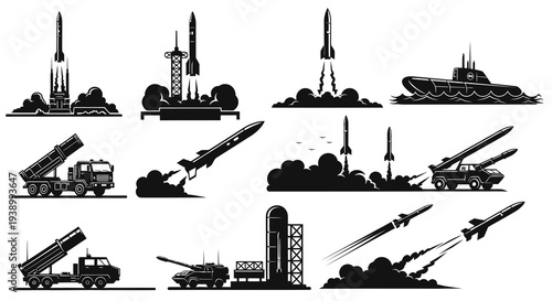 Military Aerospace Missile Rocket Launcher Submarine Silhouette Icons Set
