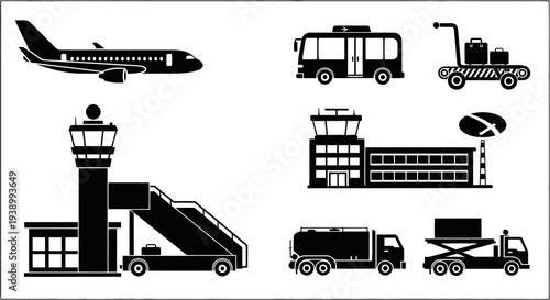 Aviation Airport Travel Industry Elements Icons Set - Black  White Glyph Symbols