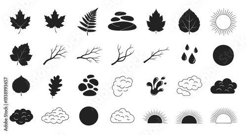 Nature Environment Glyph Icons Set - Black  White Leaves, Branches, Weather, Sun, Moon