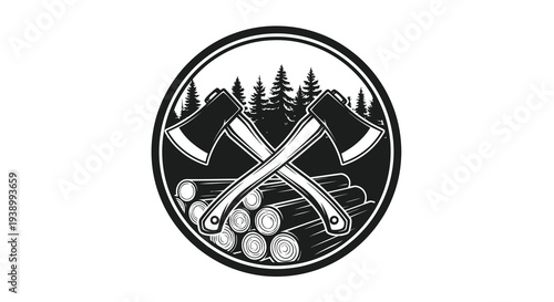 Monochromatic Lumberjack Axes and Logs Emblem - Forestry Woodcutting Vector Art