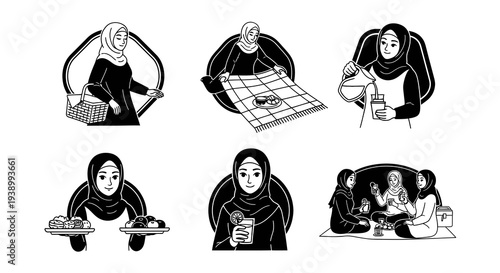 Black  White Line Art: Muslim Women Enjoying Food, Picnics, and Lifestyle Gatherings