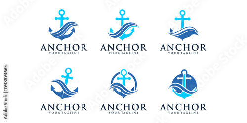 A modern nautical anchor logo set with ocean wave elements. Clean and professional vector designs, ideal for maritime brands, sailing, yachts, and marine businesses.