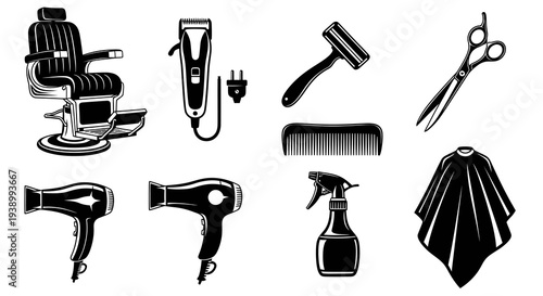 Barber Shop and Hairdressing Salon Tools Black  White Glyph Vector Icons Set