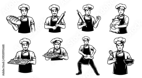Monochrome Line Art Bakers and Chefs Set for Food, Restaurant, and Baking Industry